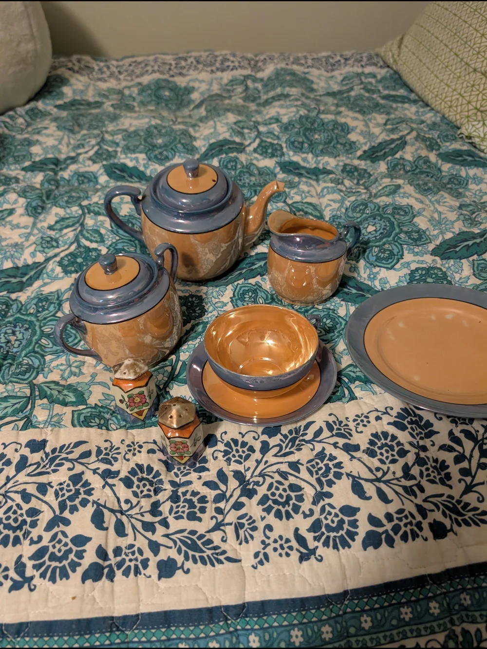 Vintage 40's Japan Blue and Gold Ceramic Tea Set